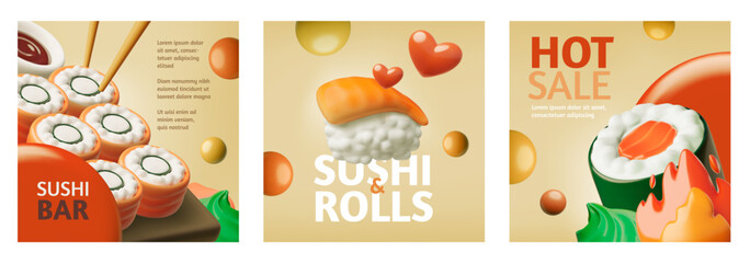 3d Illustration of a set of sushi posters for advertising purposes and hot discounts.
