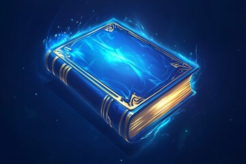 A glowing blue book with golden edges, light radiating from its center, floating in a dark blue space. 