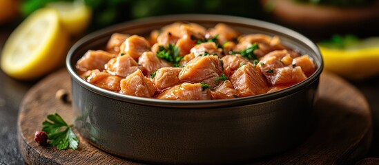 Close-up of canned salmon chunks seasoned with herbs in a tin.