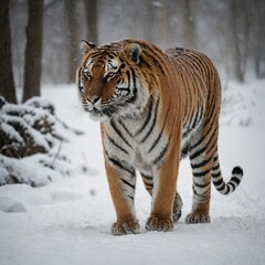 Obraz premium A tiger walking confidently with its tail raised on a white background.