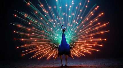 Peacock Illuminated by Colorful Light and Laser Beams