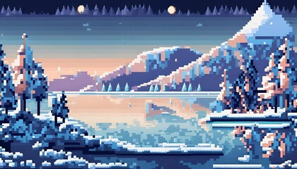 Obraz premium Pixel art of a frozen lake surrounded by snowy hills,