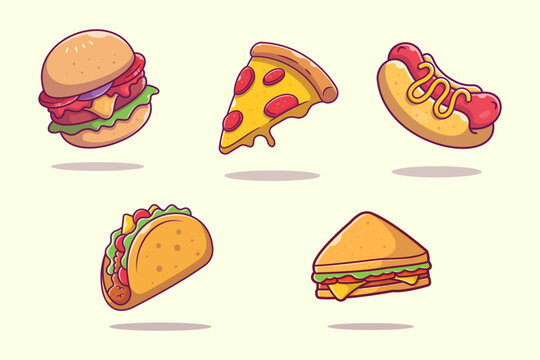 Naklejki Delicious Fast Food Icons Pack with Burger, Pizza Slice, Hot Dog, Taco, and Sandwich Vector Illustrations