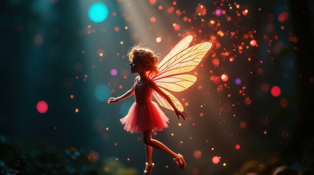 Whimsical Fairy Illuminated by Colorful Lights and Laser Beams