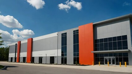 Large modern warehouse facility exterior with wide parking area and cargo transportation docks, surrounded by clear skies, logistics and distribution center concept.
