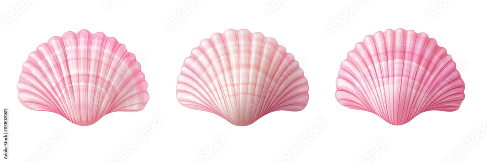 Poster pink seashells collection, three beautiful pink seashells with intricate patterns and smooth texture