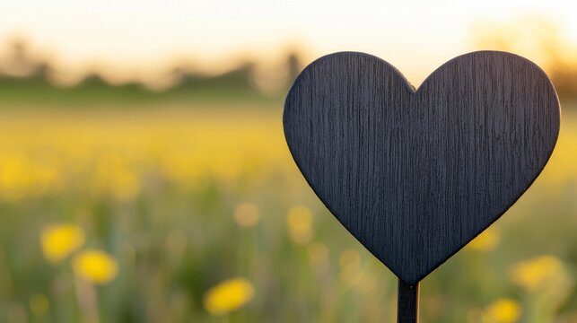 Heart-Shaped Wooden Sign in a Beautiful Field of Yellow Flowers During Golden Hour, Symbolizing Love and Nature's Beauty in a Serene Outdoor Setting
