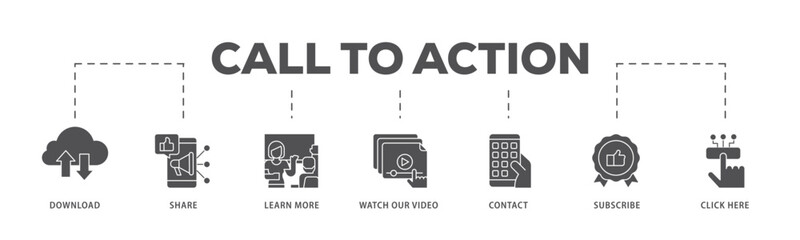 Call to action infographic icon flow process which consists of  click here, watch our video, subscribe, contact, learn more, share, download icon live stroke and easy to edit .