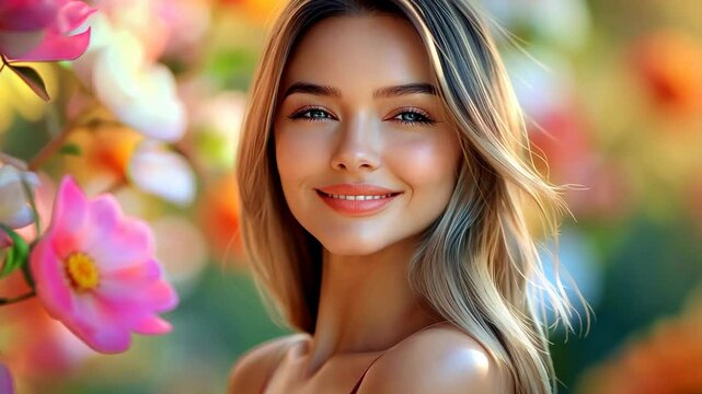 pretty blonde hair woman in flower garden smiling with sexy pose, wearing vintage shoulderless dress