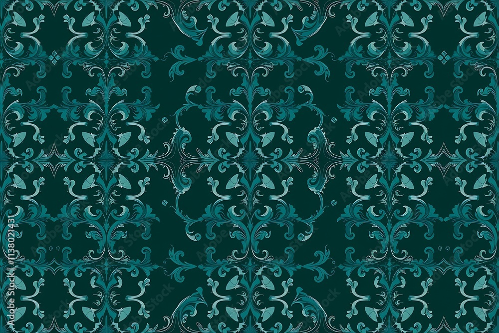 Poster emerald damask seamless pattern: this intricate and elegant damask pattern boasts a captivating teal