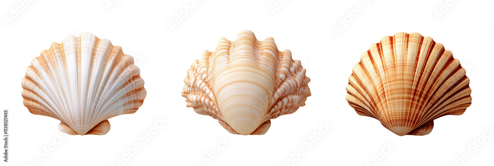 Poster shells collection showcasing three distinct scallop shells with varying colors and patterns. each sh