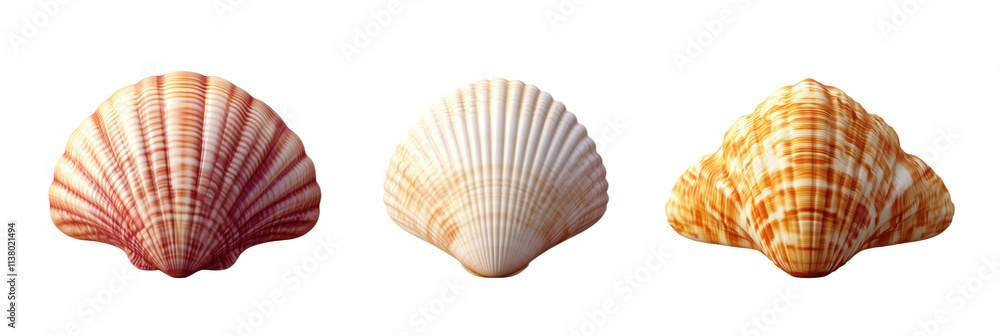 Poster colorful seashells display, three distinct shells with vibrant patterns and textures, showcasing nat