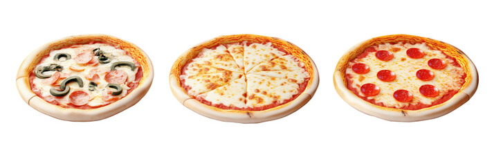 Pizza varieties: pepperoni, cheese, vegetable toppings. Three pizzas displayed with different toppings, showcasing vibrant colors and textures., isolated on transparent background, png