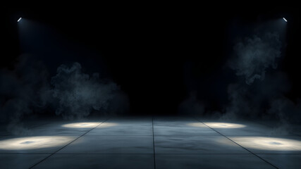 A mysterious and atmospheric scene with smoke and spotlights.