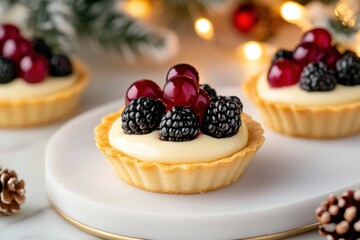holiday dessert display, festive kitchen features mini berry tarts, surrounded by holiday decor and twinkling lights, creating a cozy atmosphere