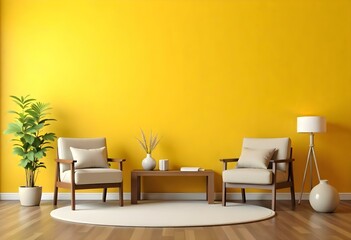 A modern living room with two beige armchairs, a wooden coffee table, and a yellow wall background