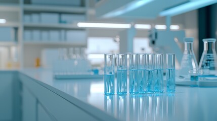 Modern Laboratory with Rows of Test Tubes and Blue Liquid