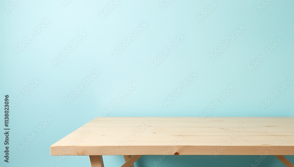 Poster wooden table top is empty, resting on a soft blue pastel colored background with minimal decoration 