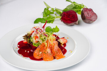 Fresh salmon fillet. A delicious portion of salmon fillet garnished with aromatic herbs and radish. Healthy dinner.