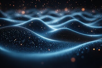 Hologram of network with connecting dots and waves on dark background. Data technology.