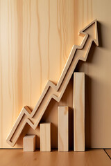 Wooden background featuring a growing business concept with an upward pointing arrow graph illustrating success and achievement milestones._00001_