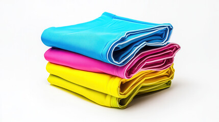 A stack of casual pants in neon-inspired colors such as electric blue, bright yellow, and vivid pink, soft fabric details with smooth gradients, seams and stitching exaggerated to highlight texture, p