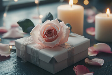 Romantic Valentine's Day gift with a rose and candles on a dark surface