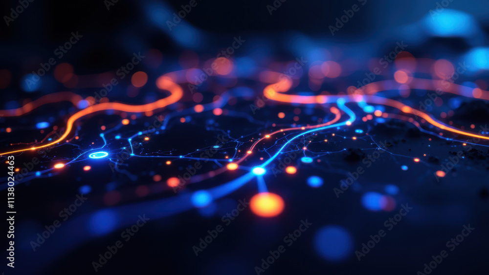 Aufkleber glowing blue and orange network of kubernetes clusters with ci/cd flow.