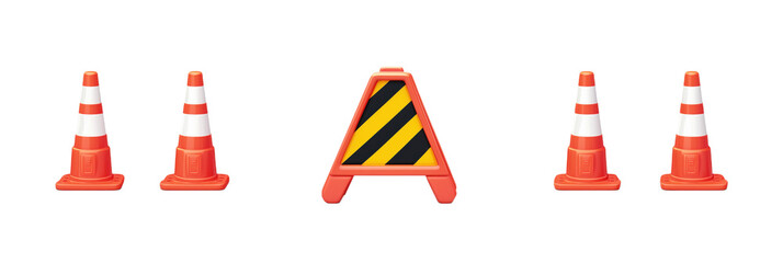 Traffic cones and warning sign, orange and white striped cones, black and yellow caution sign, road safety equipment, isolated on transparent background, png