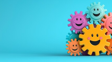 Colorful smiling gears stacked together on a vibrant blue background representing teamwork, creativity, and happiness in a playful and engaging manner