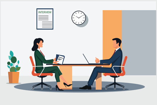 Professional job interview scene with a recruiter and candidate in a modern office, ideal for hiring, HR, career themes, recruitment campaigns, job, training materials, and corporate content
