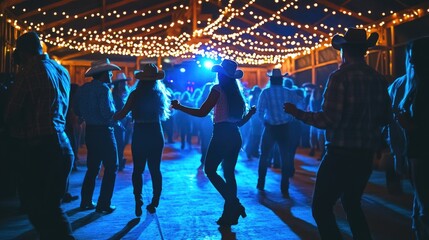 A group dancing on the dance floor in an open-air barn during a country music festival, with...