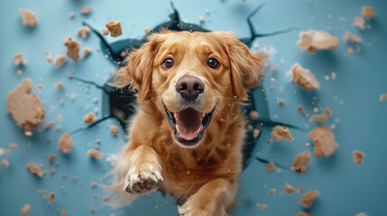 A golden retriever emerges from a hole in the blue wall. A golden retriever jumps out of the torn hole