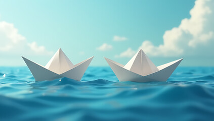 Two simple paper boats represent a strong business struggling against fierce competition in the vast ocean of commerce and industry._00001_