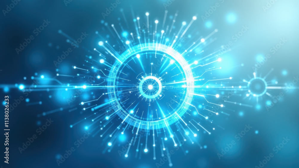 Poster a digital illustration of a futuristic technology interface with blue lights and abstract shapes, sy
