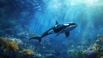 Obraz premium Killer whales are swimming in the deep ocean