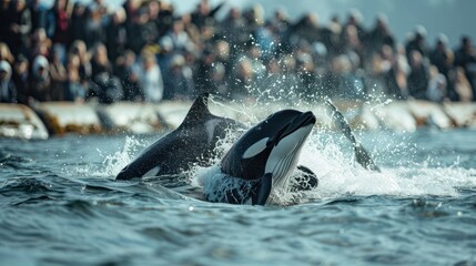 Killer whales are swimming in the deep ocean
