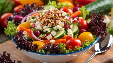 A vibrant Nicoise salad bursting with flavor and freshness. The salad features crisp lettuce, juicy tomatoes, tender boiled eggs, salty olives, and savory tuna or salmon, all arranged beautifully on a