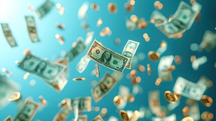 money saving concept, Bundles cash and floating coin isolate on blue background