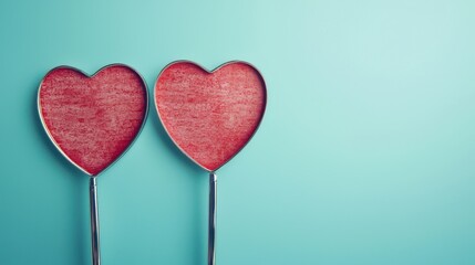 Two red heart-shaped lollipops on a turquoise background.