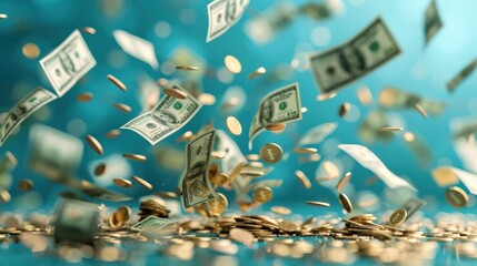 money saving concept, Bundles cash and floating coin isolate on blue background