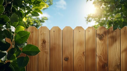 Fototapeta premium A Tranquil Backyard Scene Featuring a Wooden Fence Surrounded by Lush Greenery Under a Bright Blue Sky With Gentle Sunlight Filtering Through Leaves