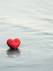 Fototapeta premium A red heart floats on calm water, creating gentle ripples around it.
