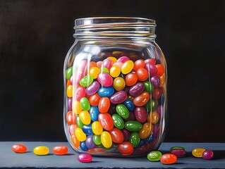 A glass jar filled with colorful jellybeans 