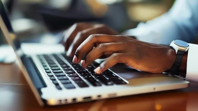 Close up of a manager's hands typing on a laptop keyboard. The sequence of images highlights the fast paced nature of work in a modern office