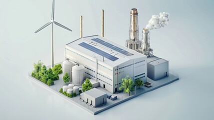 Wind power station, isometric industrial energy building in 3d style. Alternative green power plant and generating station. Reactor energy. Vector illustration