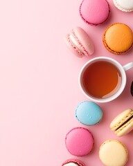 Obraz premium Colorful Macarons and Tea on Pink Background
