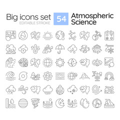 Atmospheric science linear icons set. Weather and climate studying. Natural phenomena observation. Customizable thin line symbols. Isolated vector outline illustrations. Editable stroke
