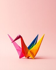 Naklejka premium Colorful Origami Crane on Pink Background