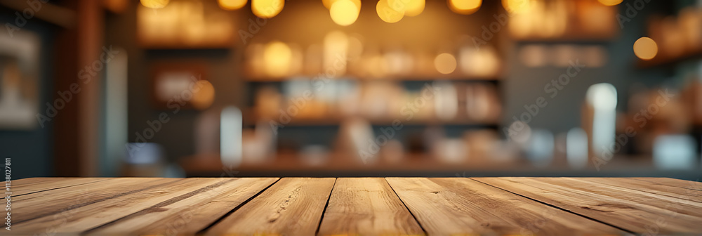 Aufkleber the wood textured tabletop features a blurred gold bokeh effect in the background of a busy counter 